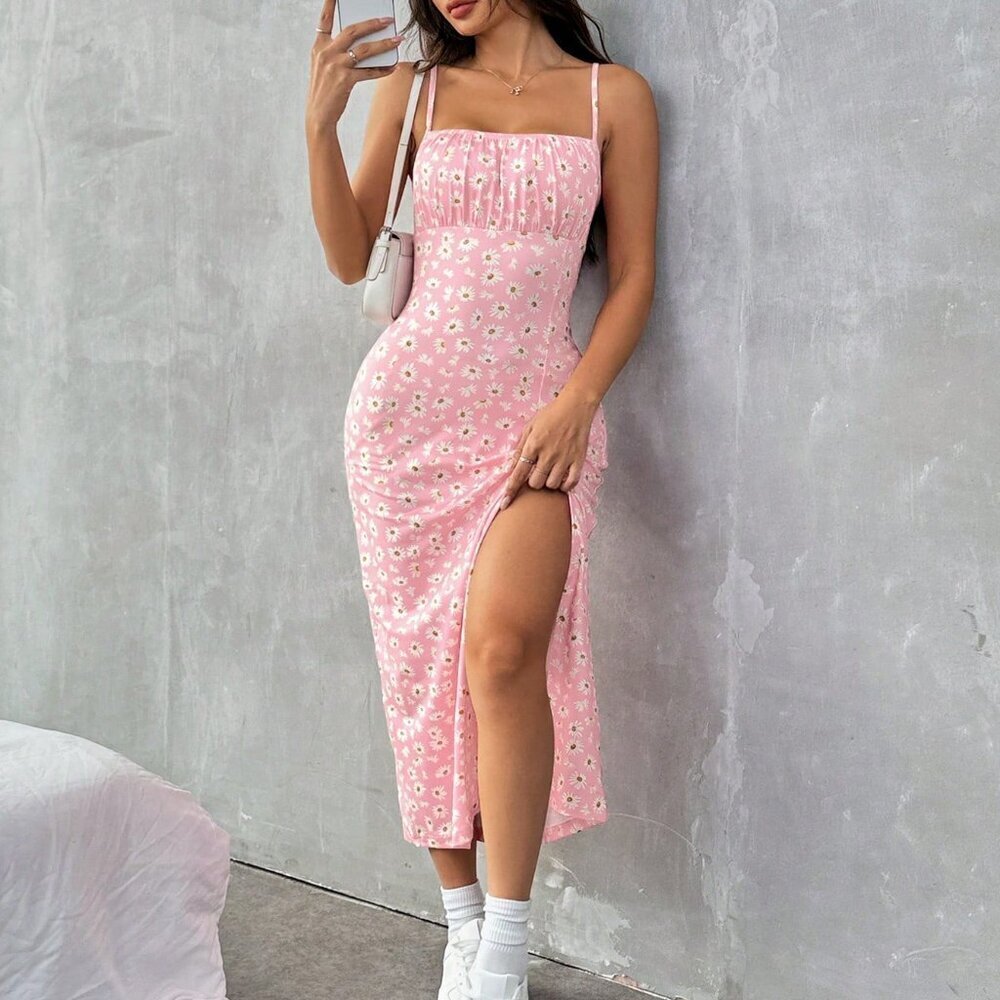 Baby Pink Boho Women's Floral Print Knit Side Slit Maxi Cami Dress